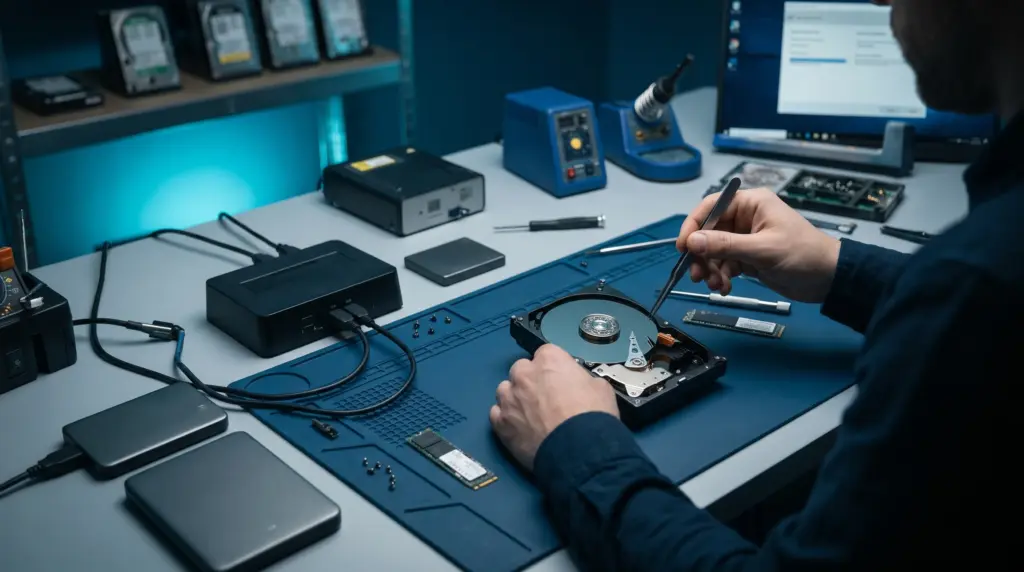 Datenträger und Sicherungsmedien an einem technischen Arbeitsplatz