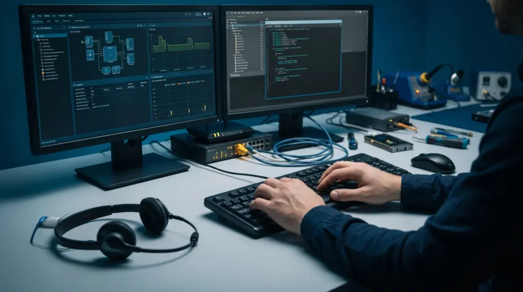 IT-Arbeitsplatz mit zwei Monitoren für Softwareunterstützung