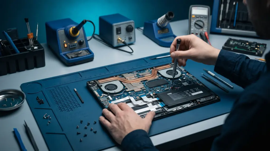 Arbeit an den Komponenten eines geöffneten Laptops