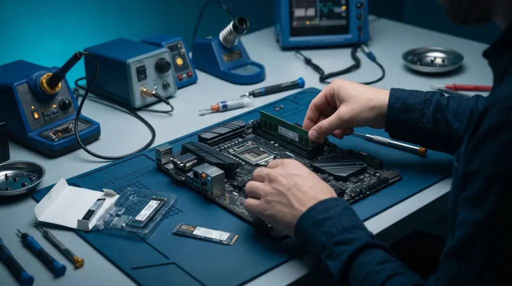 Einbau von Arbeitsspeicher auf einem PC-Mainboard
