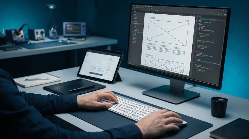 Gestaltung eines Website-Layouts auf Monitor und Tablet